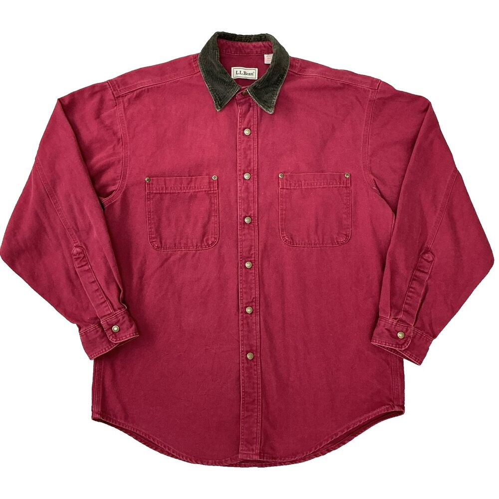 VTG LL Bean Mens Canvas Shirt Corduroy Collar M Made in USA Maroon Utility Work